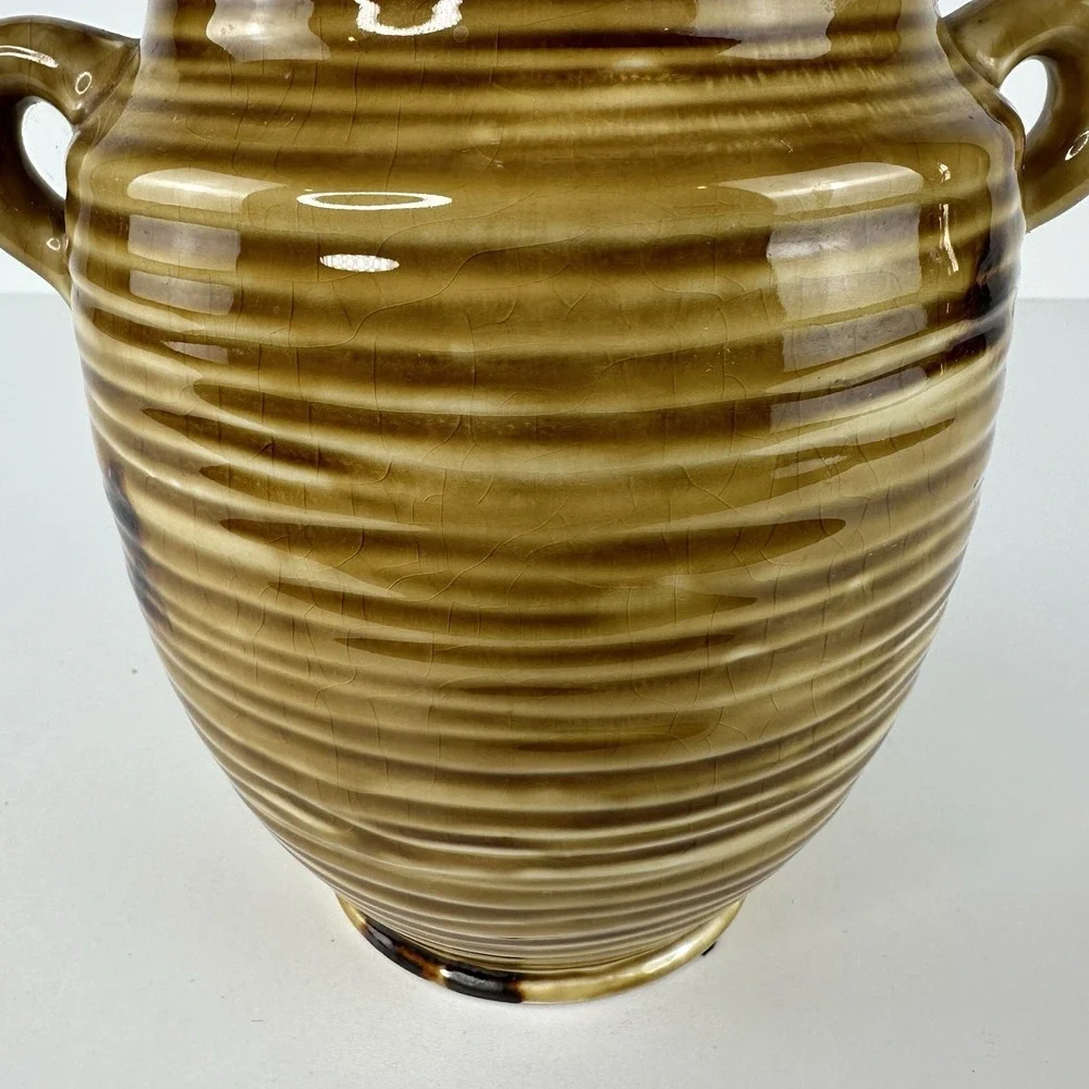 Vintage Clay Pottery Ribbed Jar Handles Utensil Crock 7x5 Gold Yellow Primitive